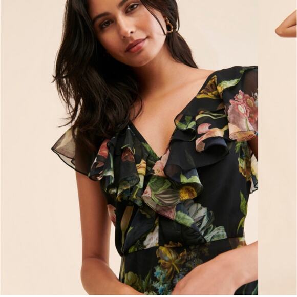 Anthropologie/Pankaj & Nidhi Floral Chiffon Ruffle Maxi Dress Size Small - Picture 4 of 9